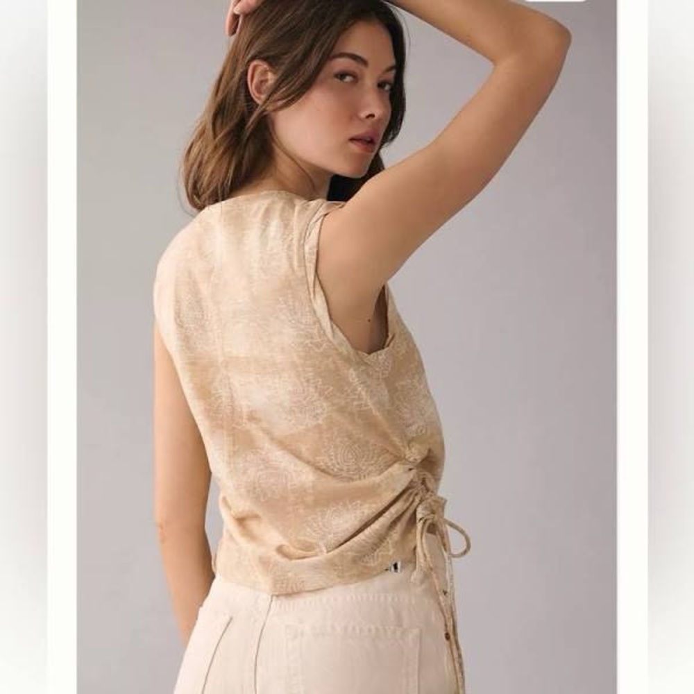Anthropologie Pilcro Motif Cream Side Ruched Drawstring Sleeveless Top-Large-NWT